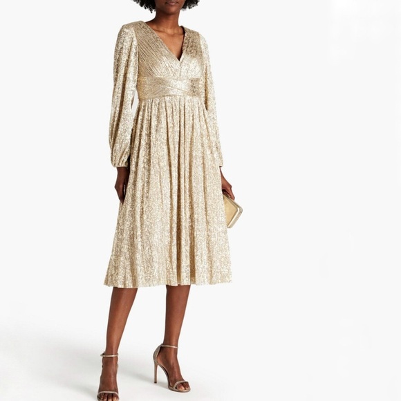 Aidan Mattox Gold Metallic Long Sleeve Midi Dress Size 10 Party Feminine  A-Line